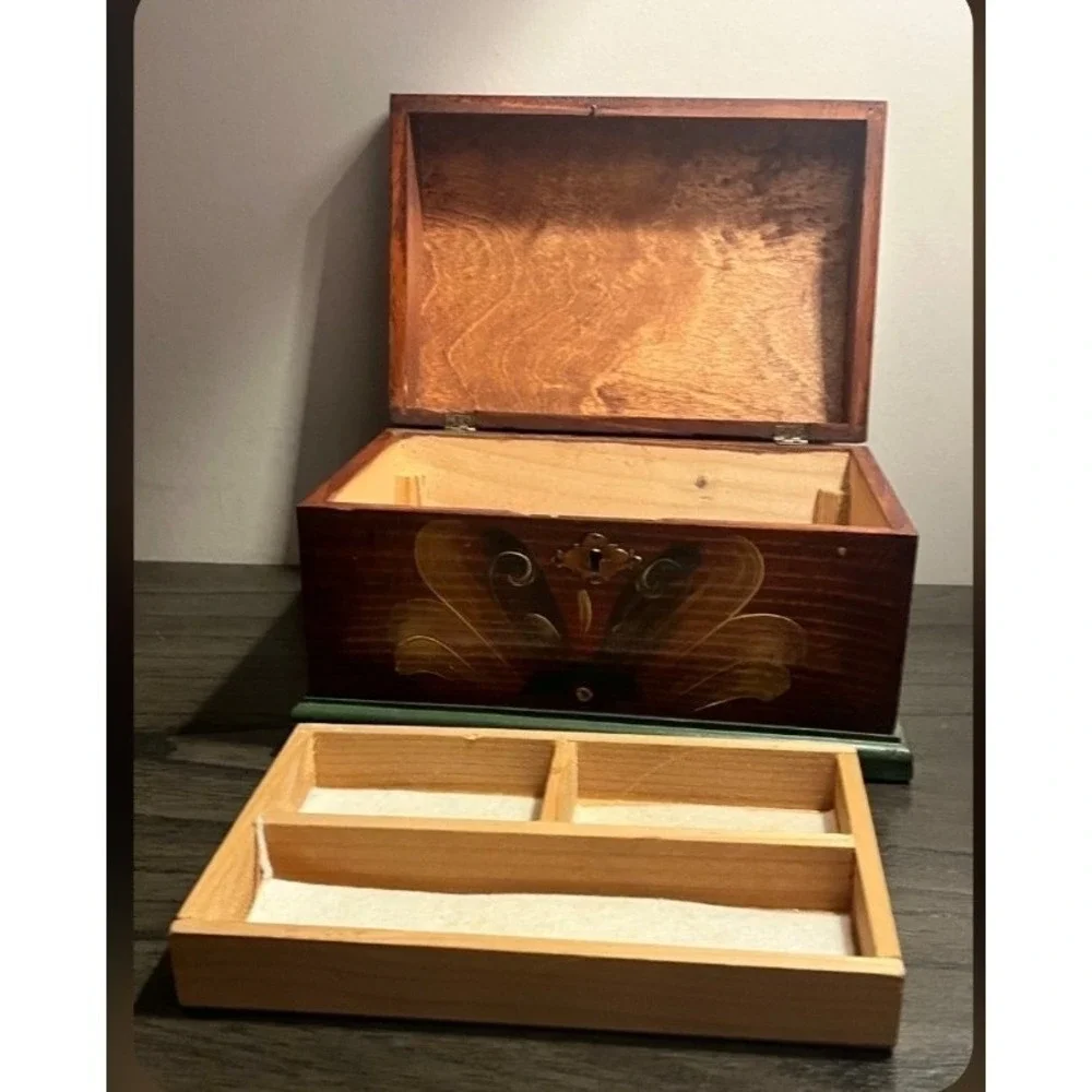 Vintage Scandinavian Style Wooden Jewelry Box w/ Removable Tray